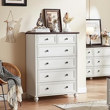 Farmhouse 6 Drawer Dresser, Chest of Drawers for Bedroom, 43.5" Tall Wood White Kids Dresser with Roman Column and Metal Handles, Storage Dressers Organizer for Living Room, Hallway, Closet