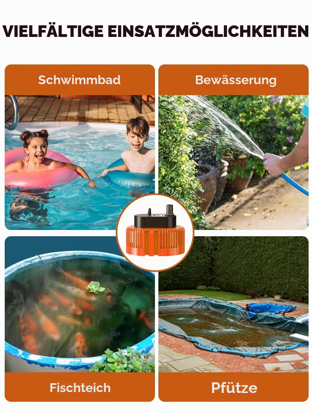 Schmutzwasser-Tauchpumpe(75 W, Ø19 mm,3.000L/H,5M mit Ablaufschlauch und 7.5M extra langem Netzkabel,3.2m max Förderhöhe,3 verschiedene Adapter) (Orange)