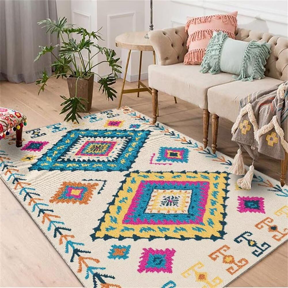 Lit Moderne Decoration Chambre Bebe Fille Tapis de Salon de Conception géométrique carrée colorée Accessoires de Chambre durables Tapis Circuit Enfant 200X300CM