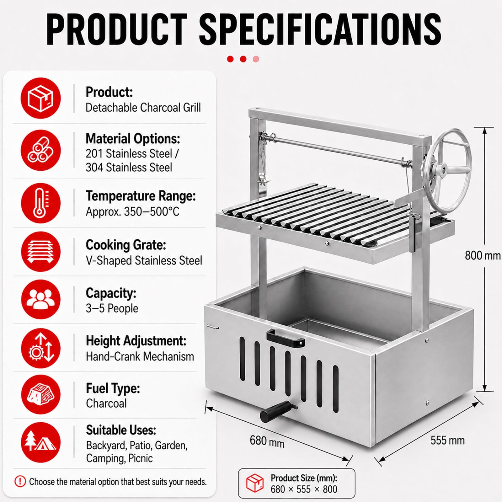 Barbecue A Carbone Smontabile con Griglia 304StainlessSteel | Due Opzioni In Acciaio Inox, Griglia A V E Manovella Laterale Per Una Regolazione Semplice Dell'altezza.