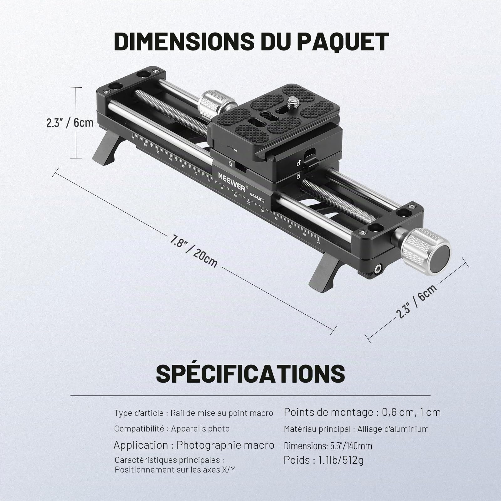 NEEWER GM-MP2 Rail de Mise au Point Macro 140 mm avec Rotation à 360°, Verrouillage 4 Directions, Pieds rétractables, Plaque QR de Type Acra, vis 6,35 mm et 3/8" pour Photographie Macro, Prise de Vue