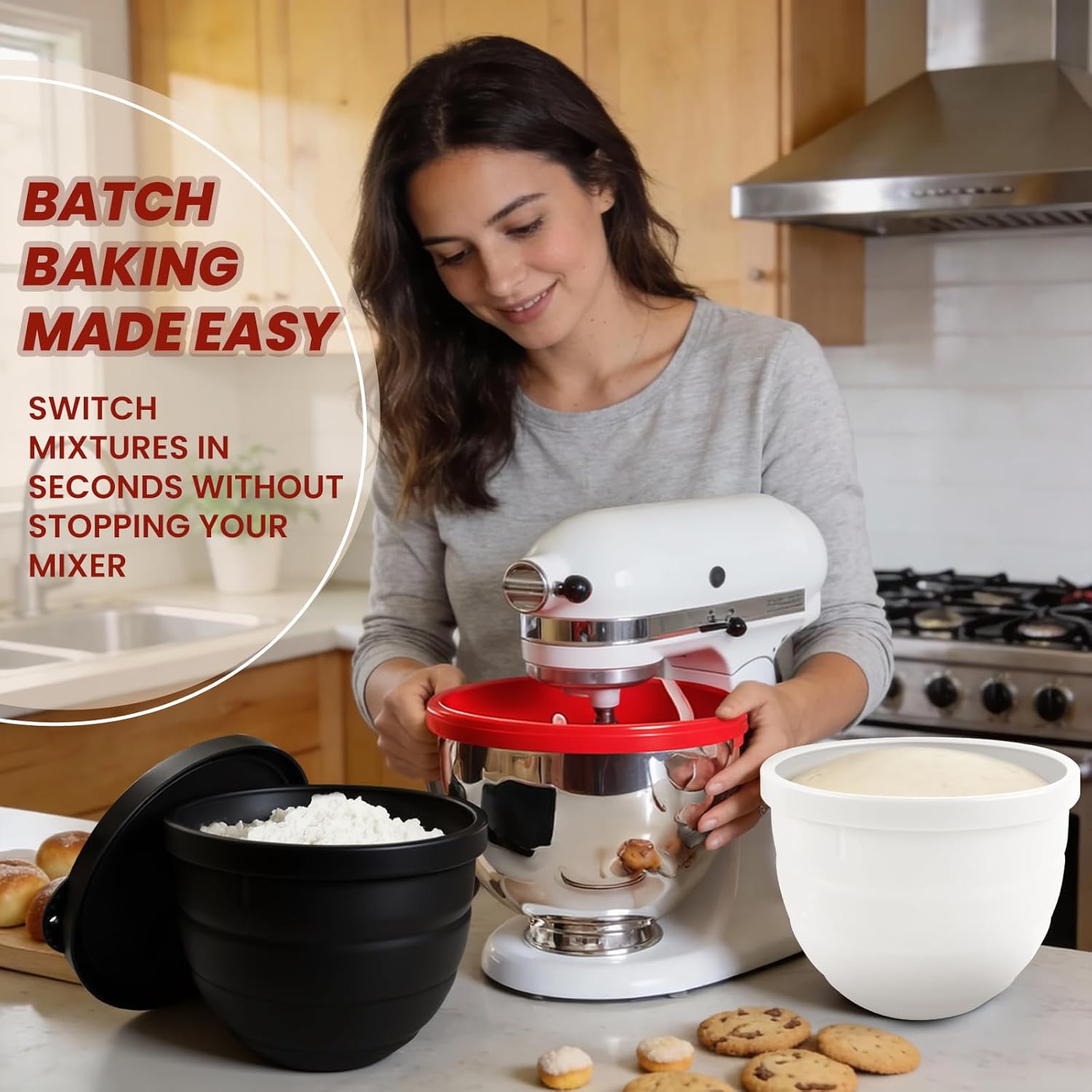 [3-Pack] Collapsible Silicone Mixing Bowl Liners Compatible with KitchenAid 5 Qt Tilt-Head Mixers - Includes 3 Liners & 3 Lids - Foldable Space Saving, Microwave & Dishwasher Safe Accessories