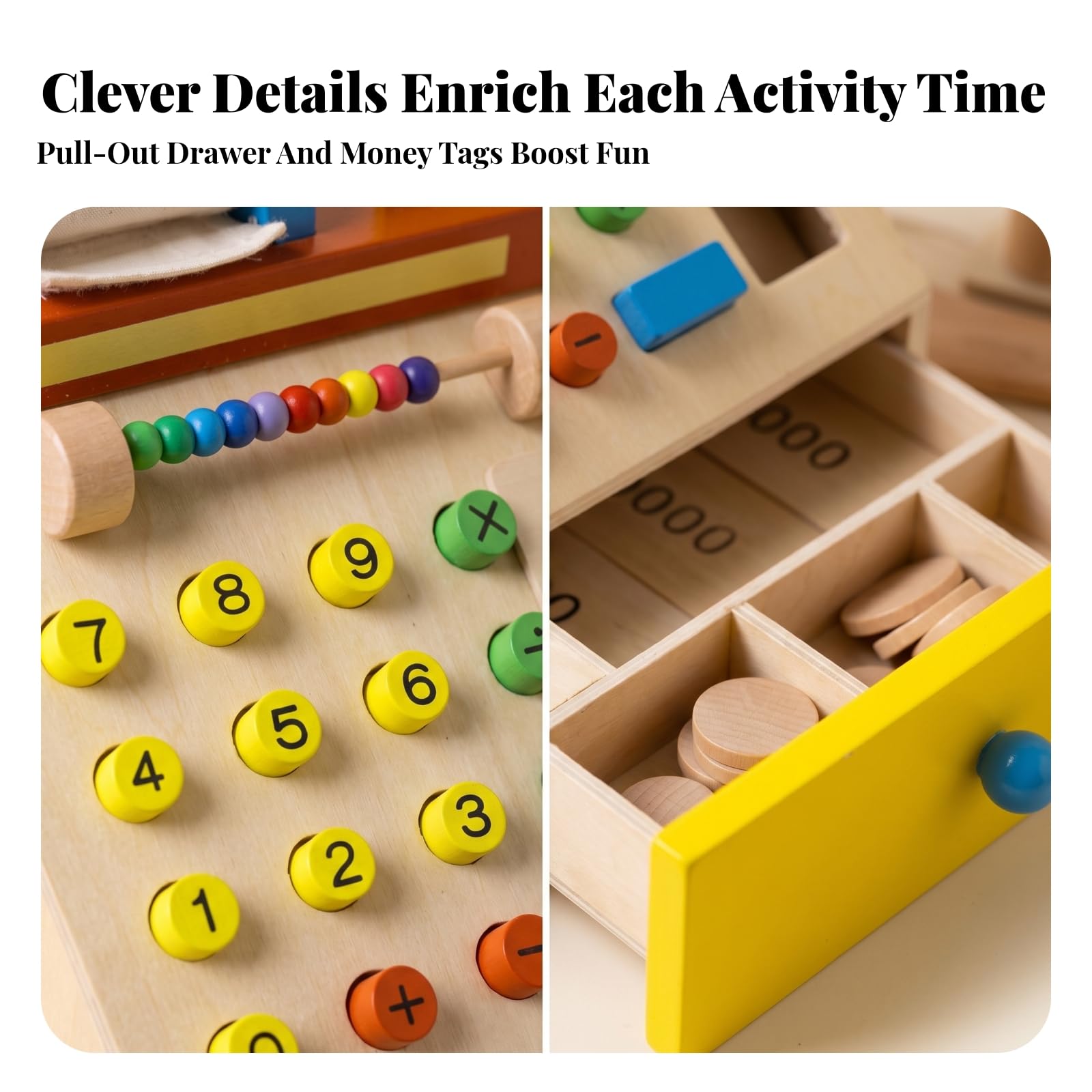 Registratore di Cassa Giocattolo in Legno Gioco Imitativo Soldi Finti per Bambini, Apprendimento Precoce