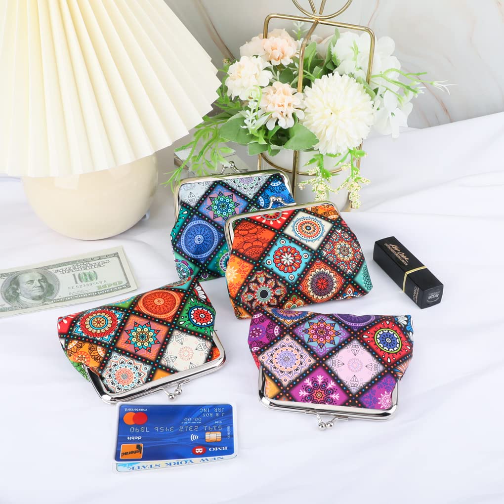 Oyachic 4 Pezzi Fior di neve Portamonete Donna Snowflower Coin Purse Portasoldi chiusura Clic-Clac Borsetta per Trucchi per Carta di Credito Chiavi (4pcs Mandala)