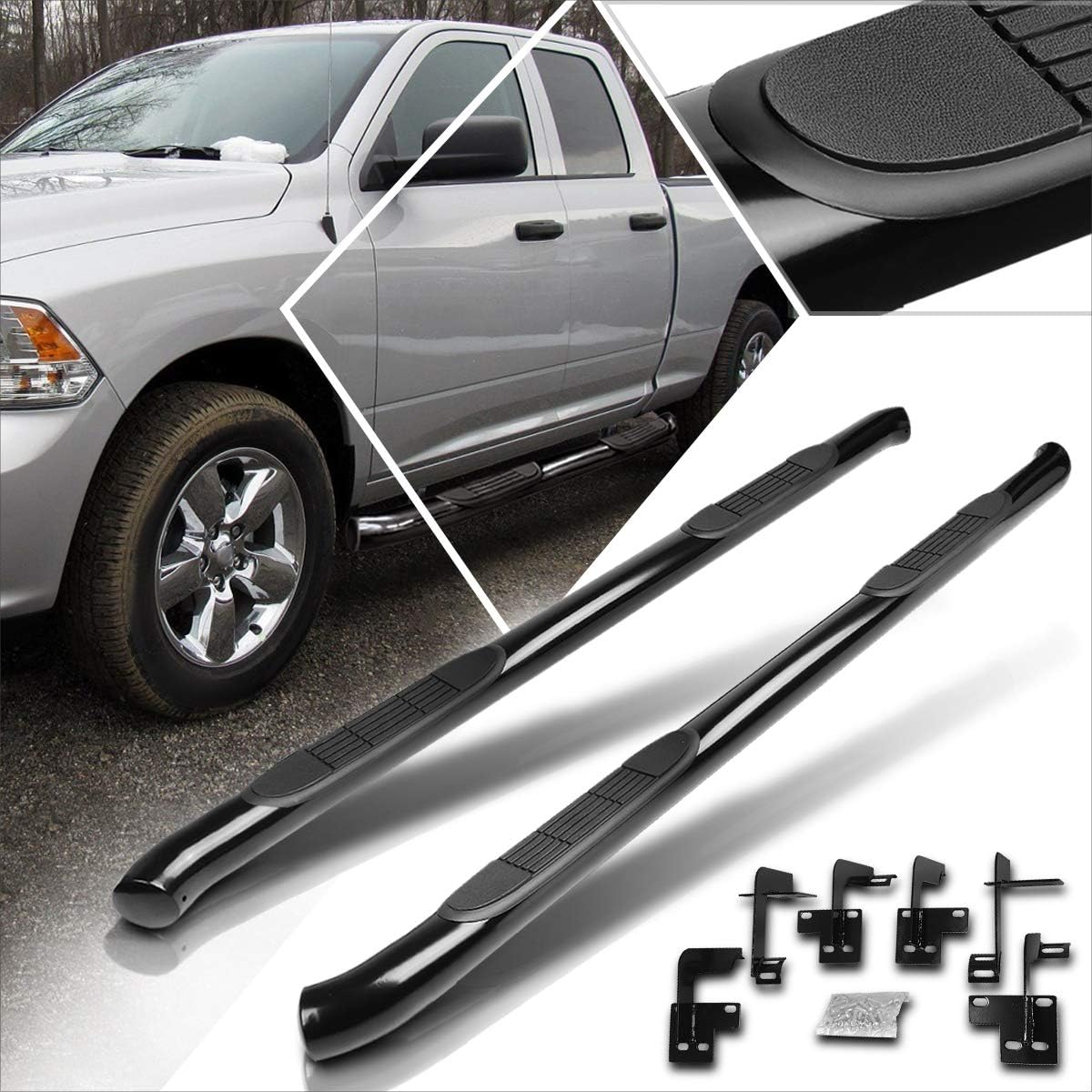 (2Pcs) 3 Inch Black Round Nerf Step Bars Side Steps Compatible with 19-20 Ram 1500 Quad/Extended Cab
