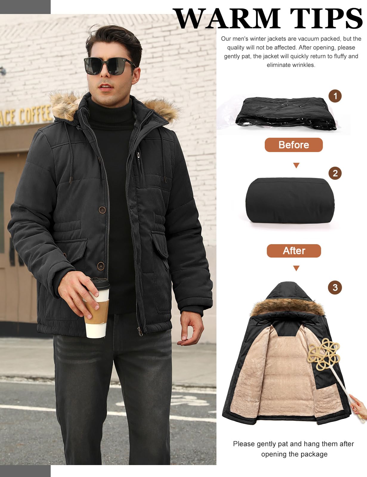 Homme Manteau D'hiver Veste Chaude Blouson À Capuche Fausse Fourrure Amovible Jacket Doublure Polaire D'extérieur Winter Décontractée Résistant Epaissé Avec Poches Coa
