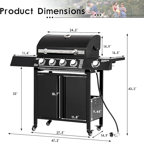 Miniatura 2 de LEISU Parrilla de gas propano de 4 quemadores con quemador lateral y rejillas de hierro fundido, parrilla de salida de 50,0000 BTU para cocina,
