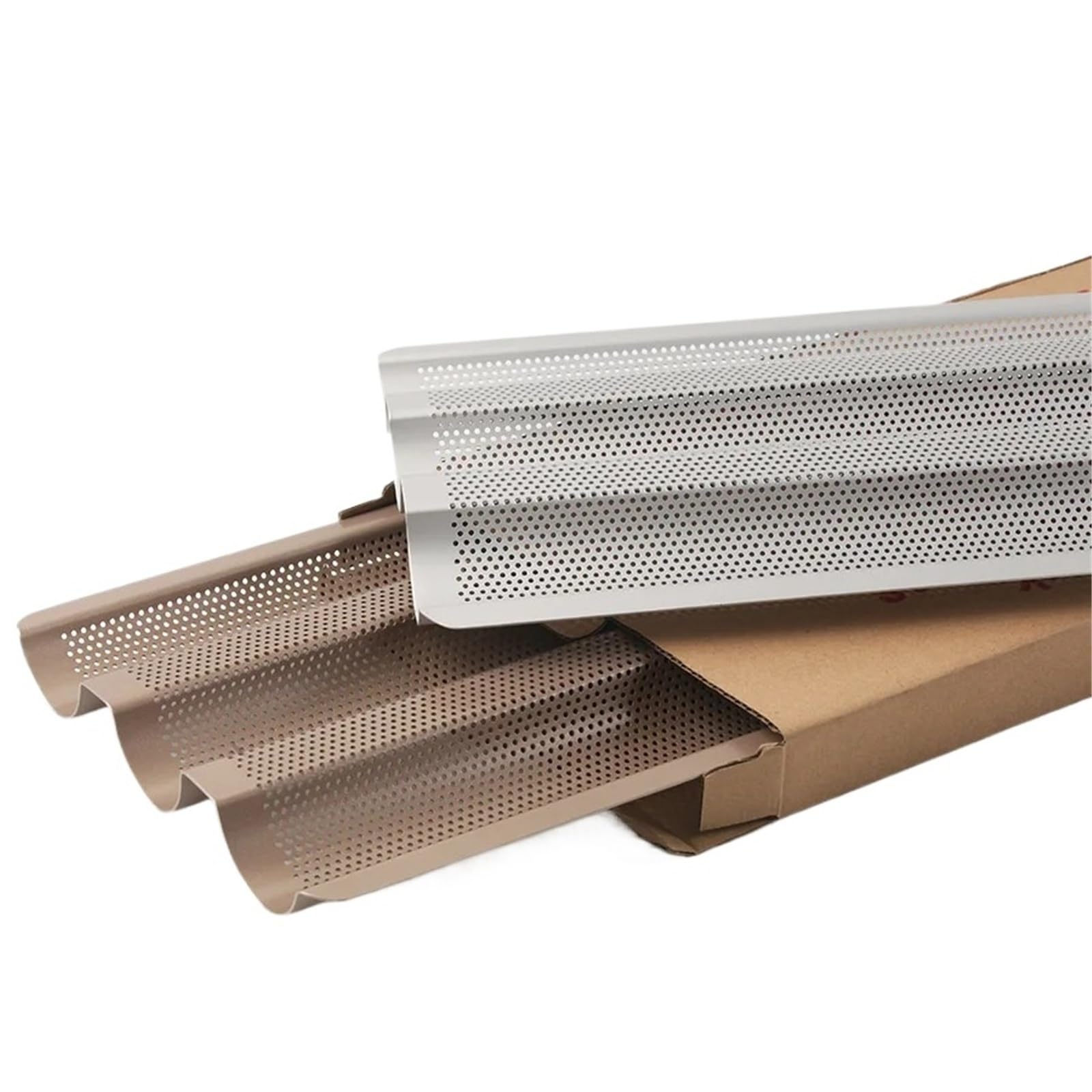 Molde antiadherente for baguette, molde for pan francés, bandeja for hornear, herramienta for repostería, for, ondulado, palo largo(2pcs nonstick 3 loaf)