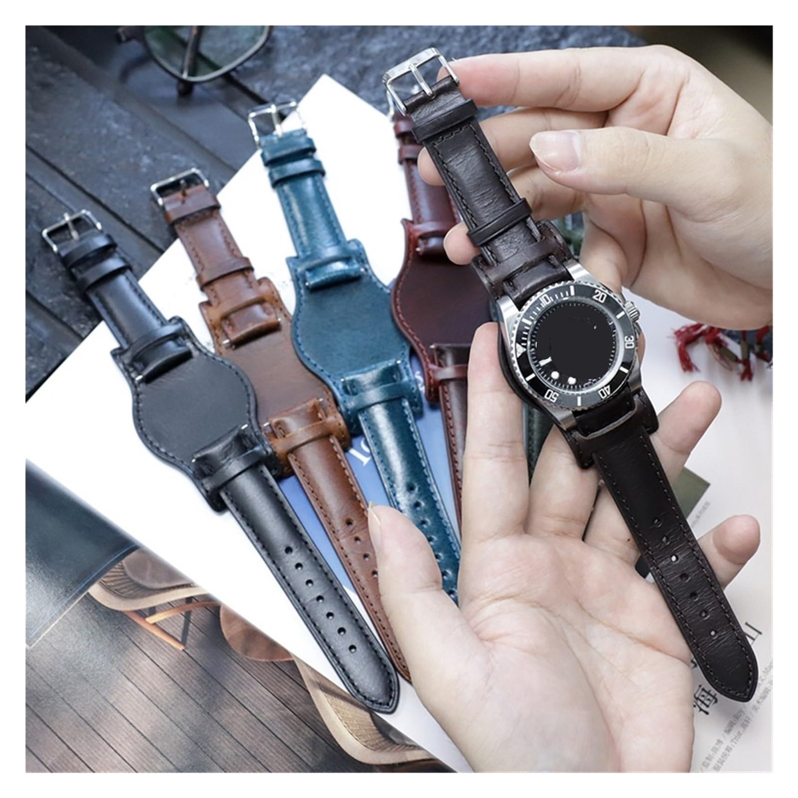 Bracelet de montre avec plateau en cuir ciré à l'huile Couche supérieure en cuir de vachette 20 mm 22 mm Bracelet de rechange universel