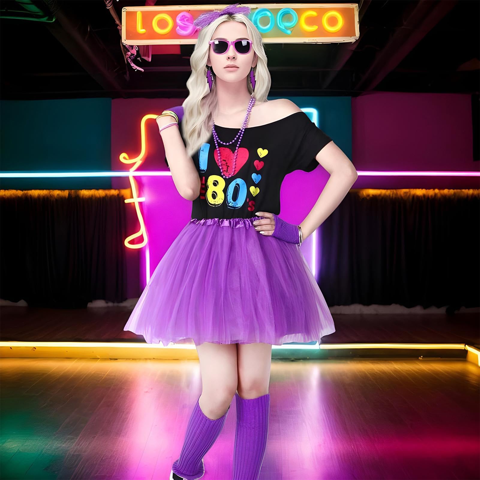 Disfraz de los años 80 para mujer, camiseta con falda tutú, accesorios de disfraz de los años 80, parte superior con hombros descubiertos, ropa de cosplay
