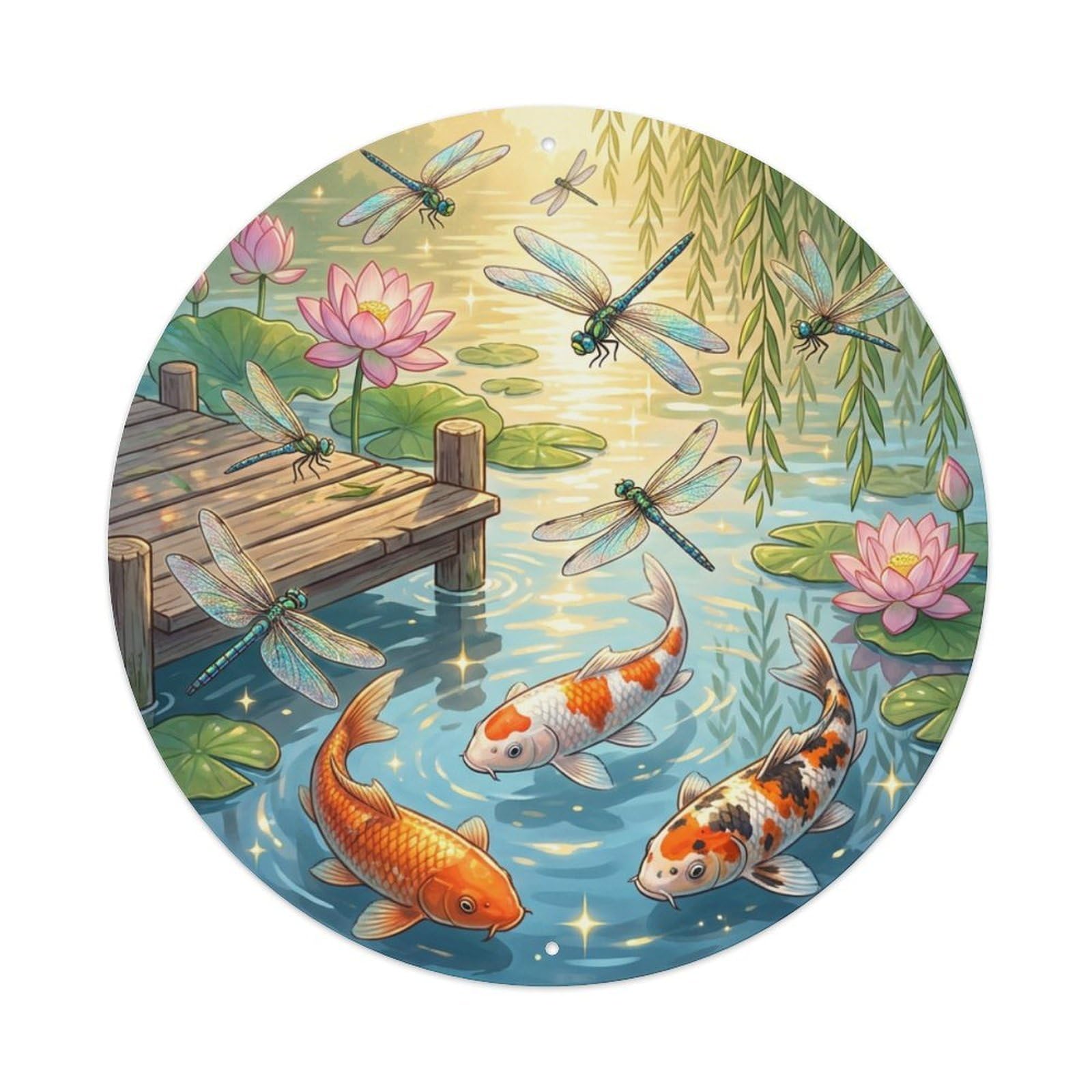Galvaxio Style Japanese Koi Fish Summer Dragonfly Hovering Life Metal Tin Sign