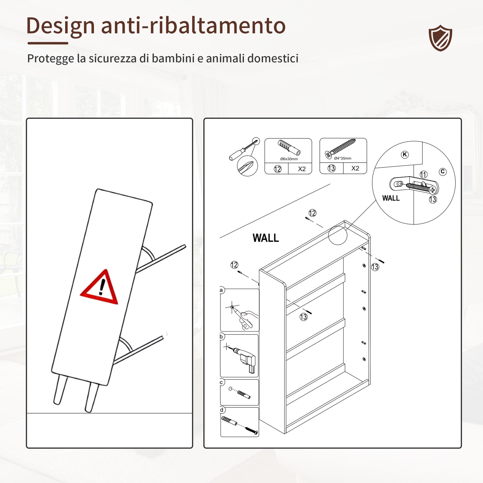 BonVache Scarpiera stretta, con porta lamellare, scarpiera con 3 alette, scarpiera con 6 ripiani regolabili, in legno per corridoio, 80 x 24 x 120 cm, marrone caffè
