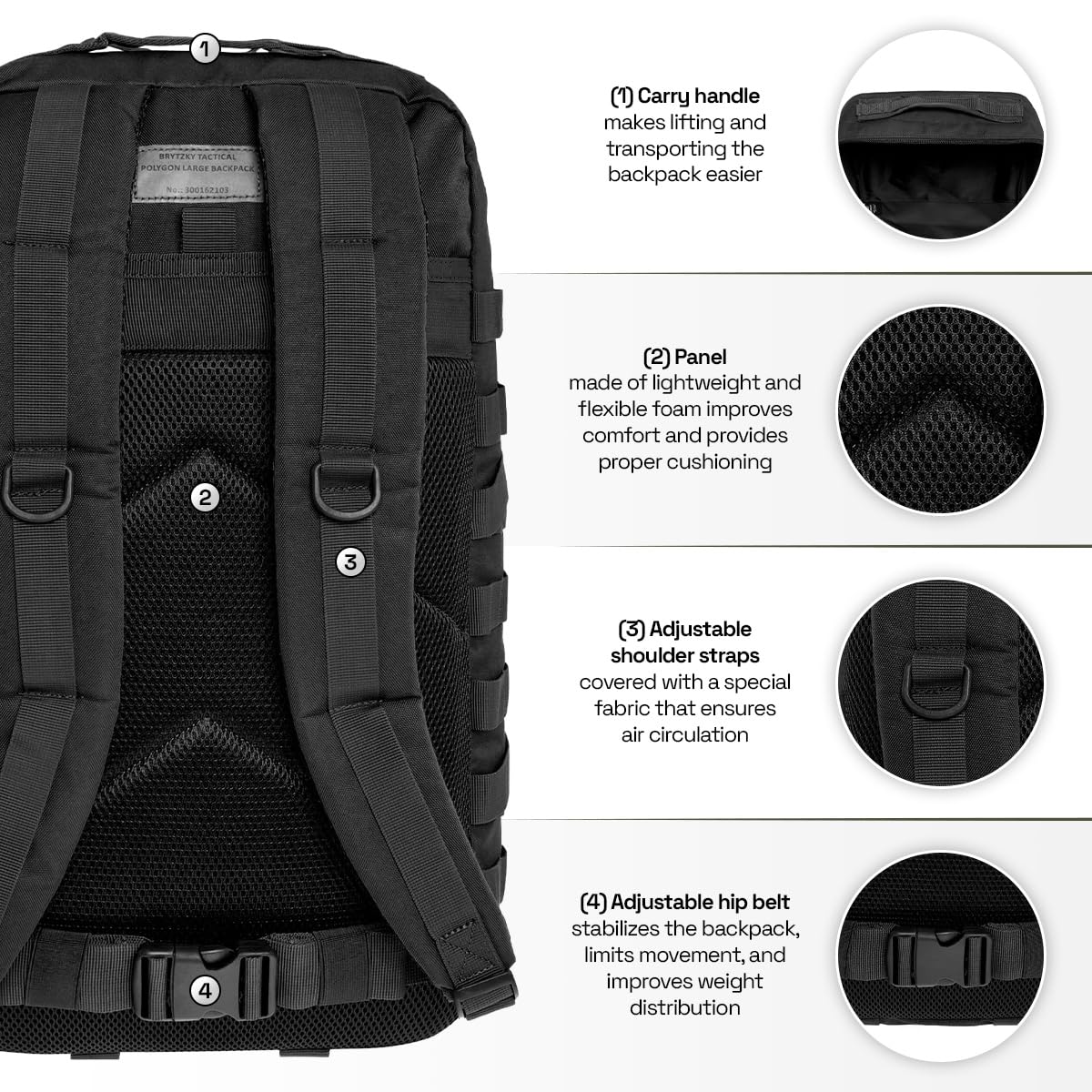Tactical Polygon Large 36L Sac à Dos Tactique – Noir | Sac Militaire & Outdoor Homme | Avec Système MOLLE & Poche pour Hydratation | Idéal pour Randonnée, Camping & Survie | 51×29×28 cm