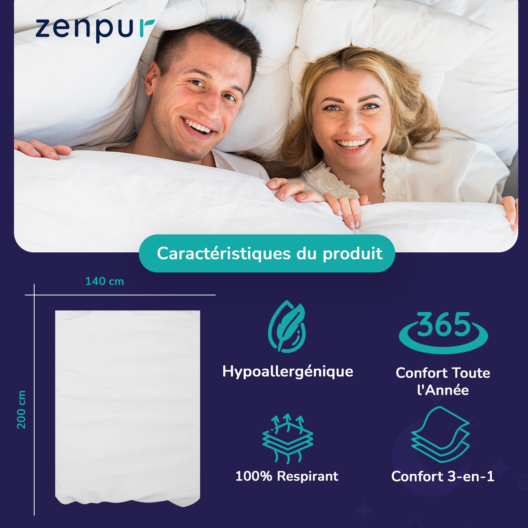 ZenPur Premium Dekbed 140x200 4 Seizoenen - 3-in-1 Warm Dekbed in de Winter, Licht in de Zomer, Bed 90x190 - Dekbed 1 Persoon, Duvet 1 Persoon. Machinewasbaar op 45°C