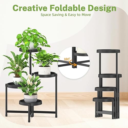 Miniatura 3 de iDavosic.ly Soporte plegable de 4 niveles para plantas para interiores y exteriores con bandeja de plástico, estante de esquina escalonada para
