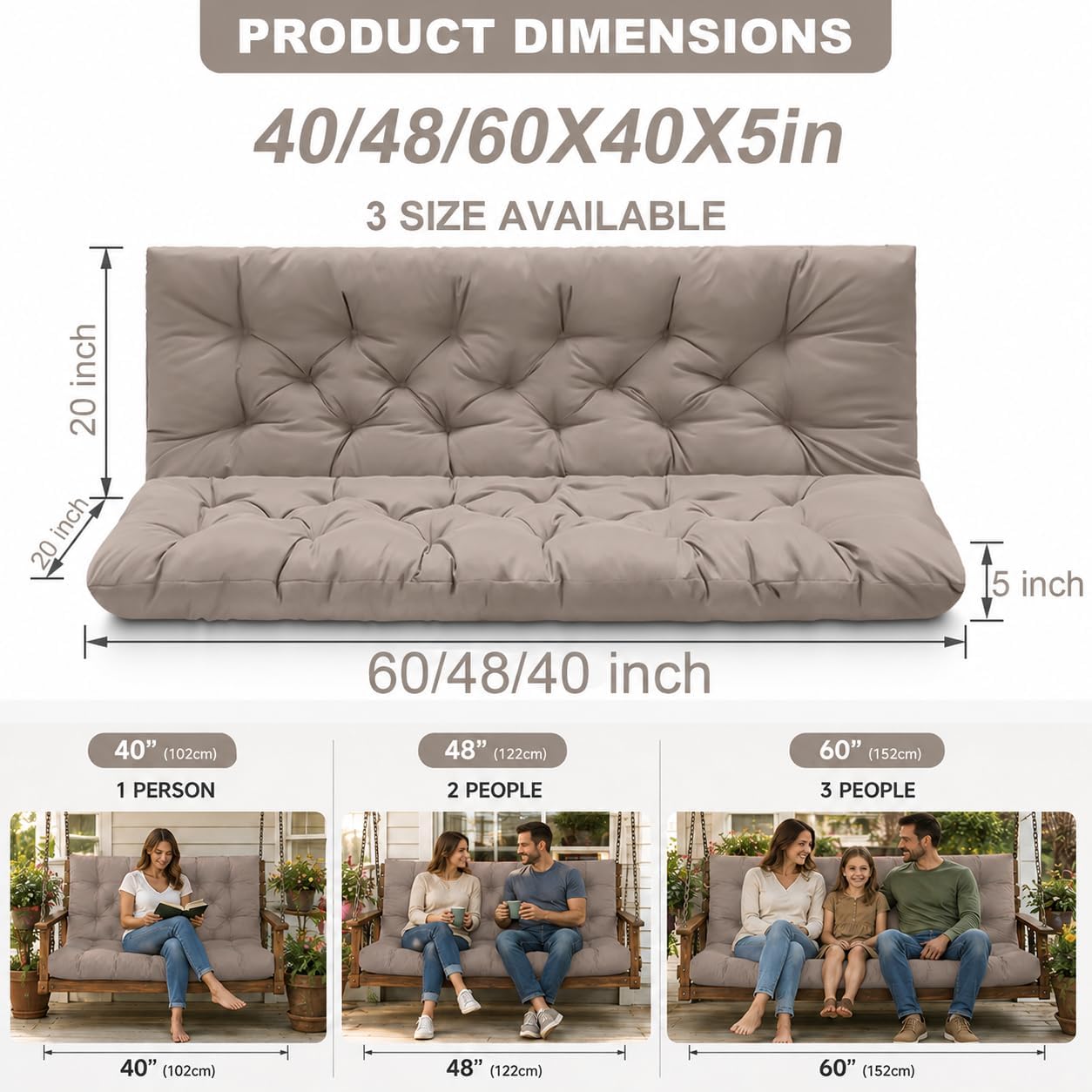 60 Inch Porch Swing Cushion with Backrest, Thick Waterproof Outdoor Bench Cushion for Patio, Garden & Backyard Seating(Khaki, 40 * 40in)