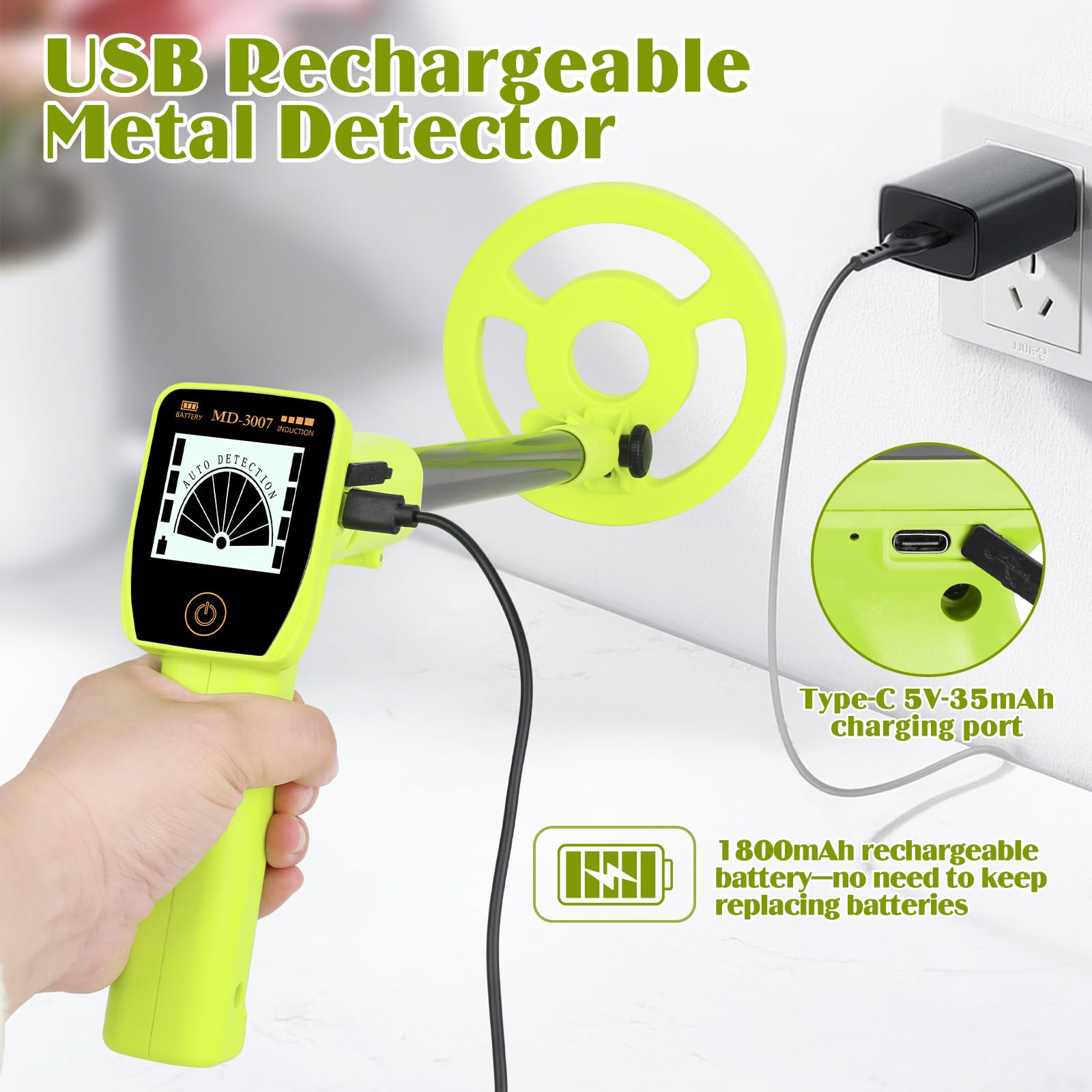 Metalldetektor Kinder - iTayga 2026 USB Wiederaufladbarer Kinder Metalldetektor, Verstellbarer (24"-35"), Hochpräziser Tragbarer Metalldetektoren mit LCD-Display für die Erkundung im Freien, Grün