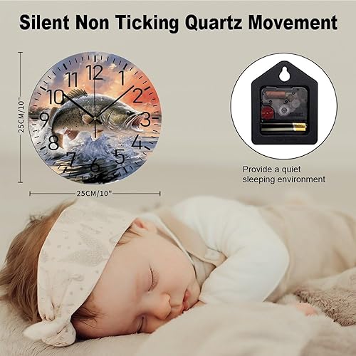 Miniatura 2 de Reloj de pared redondo de PVC de 10 pulgadas, con boca de lubina, funciona con pilas, sin tictac, reloj silencioso para sala de estar, cocina,