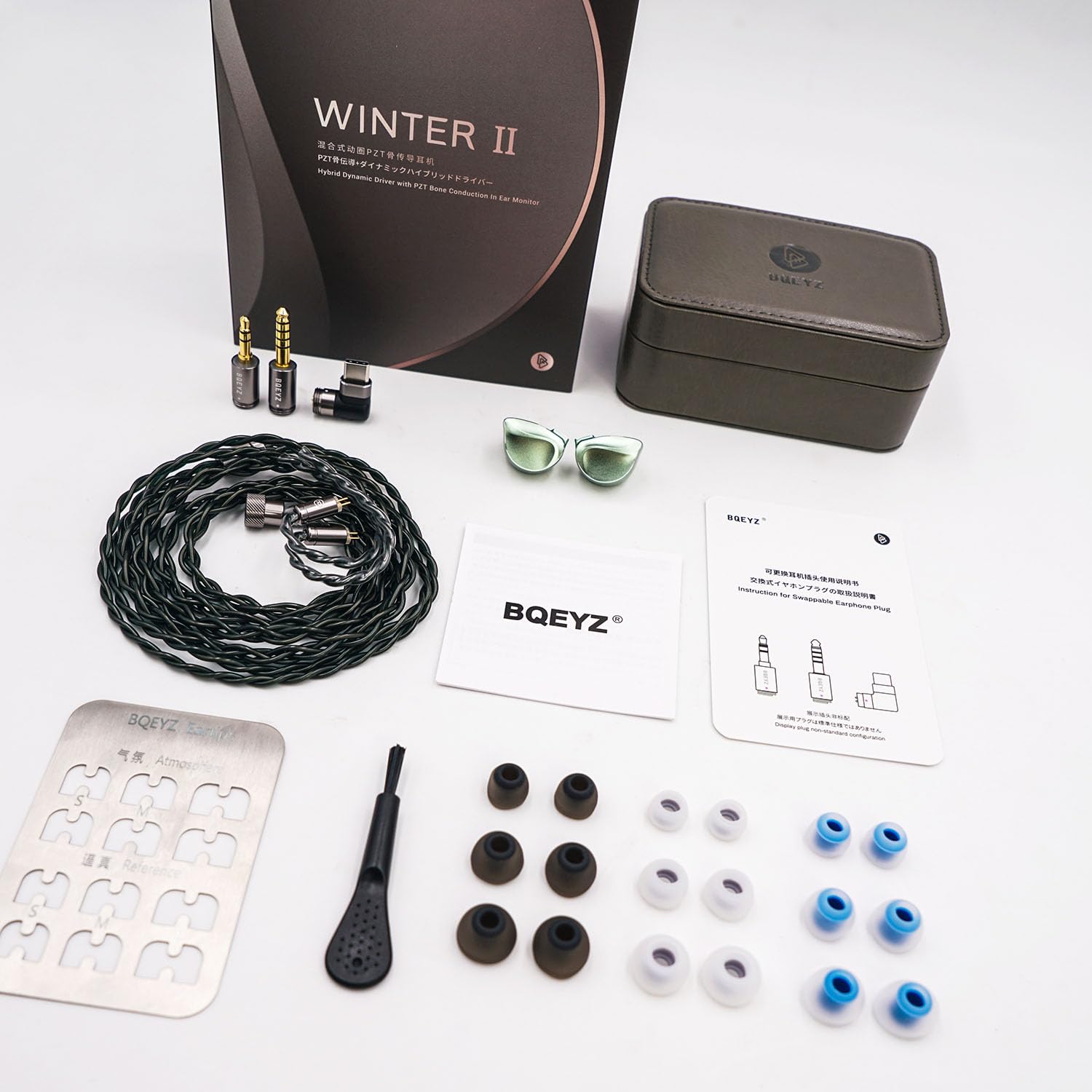 BQEYZ Winter2 słuchawki douszne przewodowe DD+BC HiFi do gier z odpinanym kablem do wentylatora audio (zielony, 3,5 mm + 4,4 mm + Type-C)