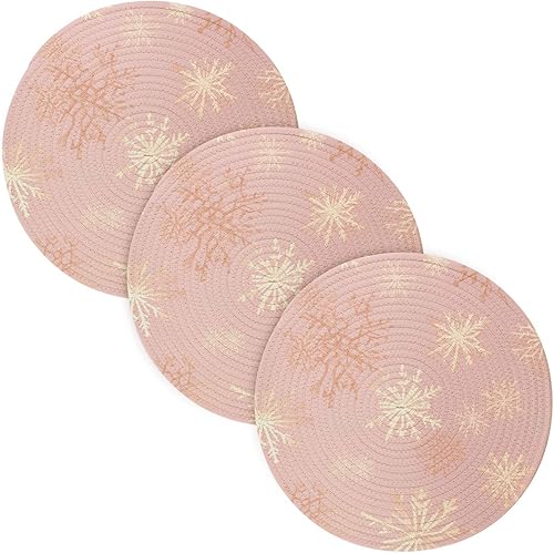 Juego de 3 manteles individuales dorados de copos de nieve de Navidad, soportes redondos para ollas y sartenes calientes, salvamanteles para mesa de