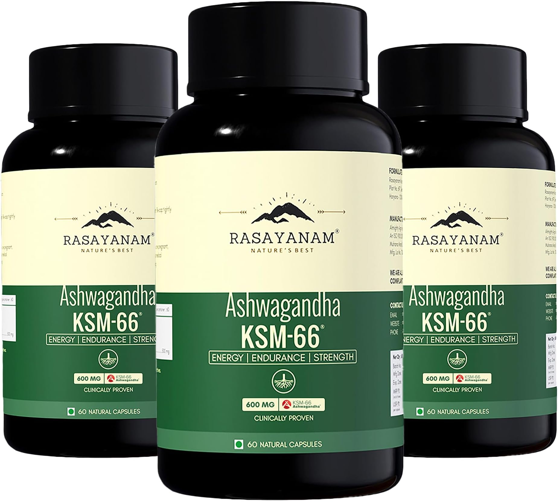 Rasayanam Ashwagandha KSM-66ยฎ | Clinically Proven 600mg Dosage | 5.1% Withanolides for Max Results | 100% Pure Root Extract | Stress Relief, Energy & Recovery Support | Worldโs Strongest Ashwagandha | Pack of 3 ( 60 Capsules each )