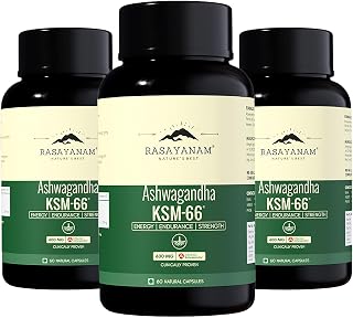 Rasayanam Ashwagandha KSM-66® | Clinically Proven 600mg Dosage | 5.1% Withanolides for Max Results | 100% Pure Root Extract | Stress Relief, Energy & Recovery Support | World’s Strongest Ashwagandha | Pack of 3 ( 60 Capsules each )