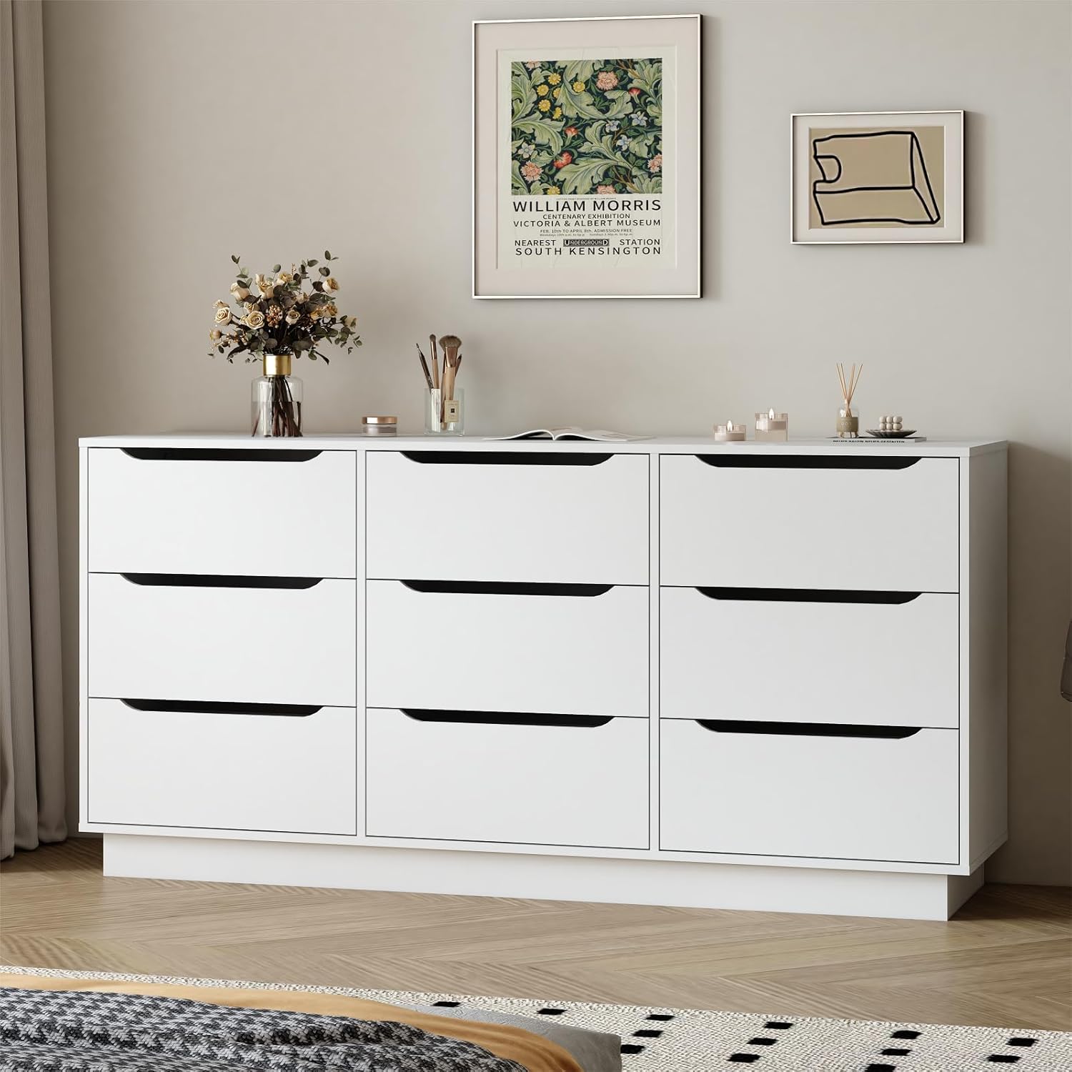 White 9 Drawer Dresser for Bedroom, 63‘’ Large Dresser with Deep Drawer,Modern Wood Chest of Drawer with Cut-Out Handle,Storage Organizer Furniture for Living Room,Hallway