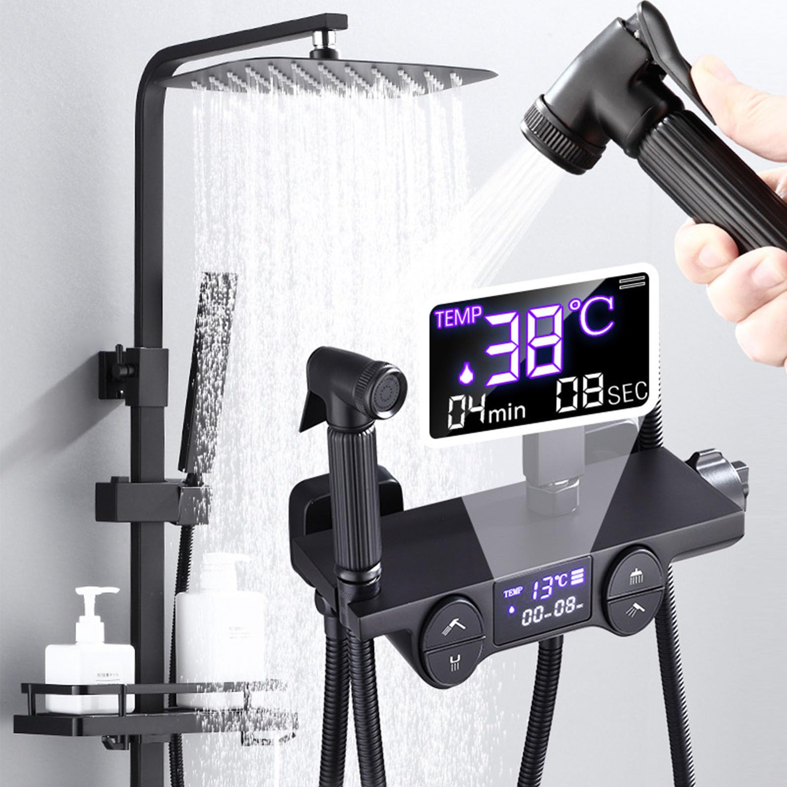 Sistema Doccia Nero con Display Digitale, Set Rubinetto termostatico per Bagno a 4 Vie con beccuccio per Vasca, soffione a Pioggia da 10", doccetta e doccetta per Bidet