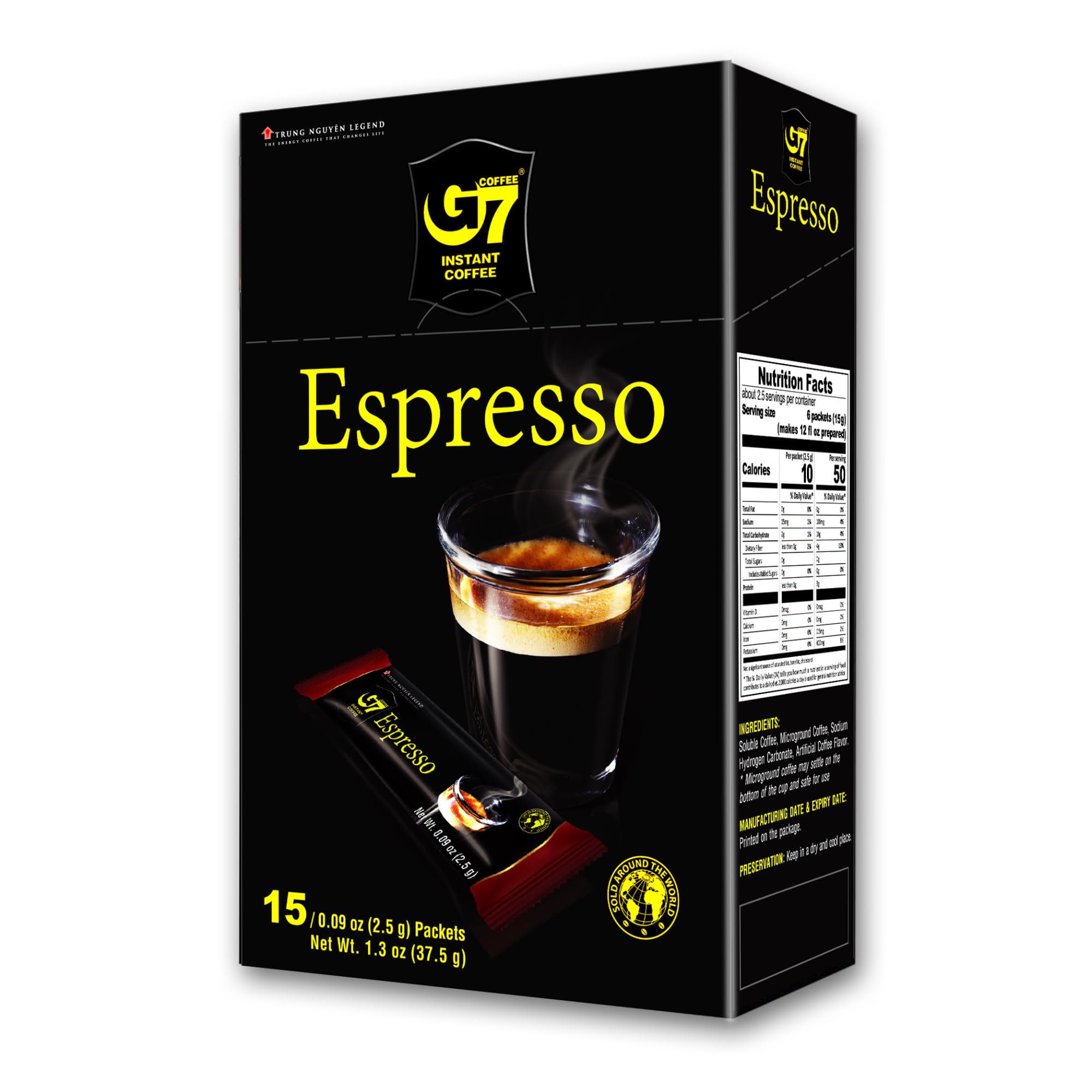 TRUNG NGUYEN G7 ESPRESSO Instant Coffee for Energy Boost - Pure Arabica Beans, Bold Taste & Gentle Aroma - Strong & Rich Vietnamese Instant Energy Coffee (15 Sticks/Box)