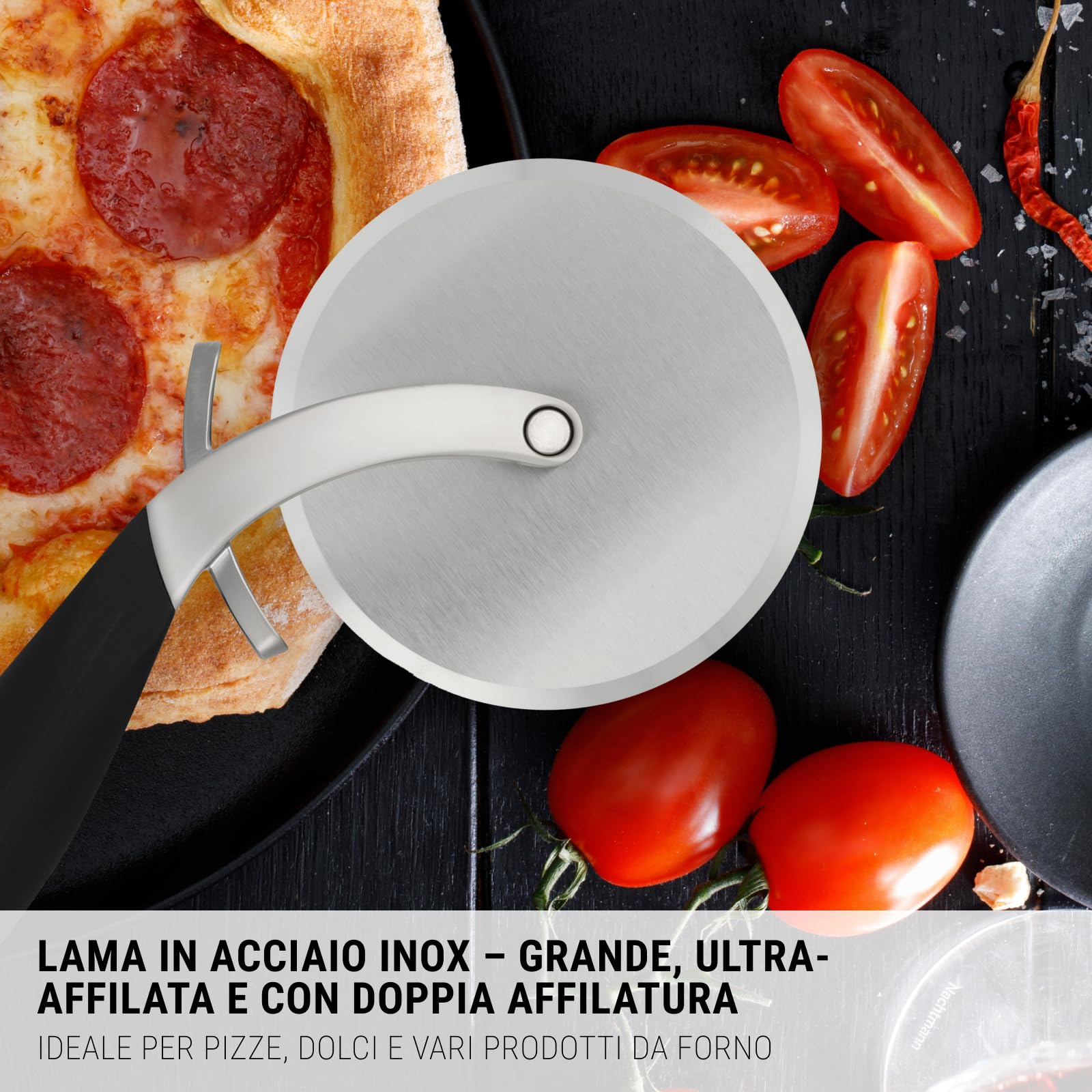 Microplane Tagliapizza Professionale XL Inox con Manico Antiscivolo e Copri‑lama | Lama extra‑affilata doppio‑smusso |Professional Pizza Wheel | Per pizza, quiche, focaccia | Lavabile lavastoviglie