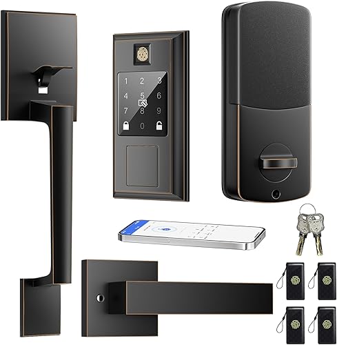 Juego de cerradura inteligente de huellas dactilares y manija de puerta delantera, cerradura de puerta de entrada sin llave con asa, bloqueo