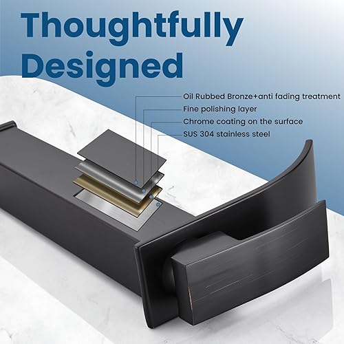 Vista 55 de Airuida Grifo de baño de cascada negro mate, grifo de baño de un solo agujero, grifo mezclador de montaje en cubierta con placa de cubierta, grifo