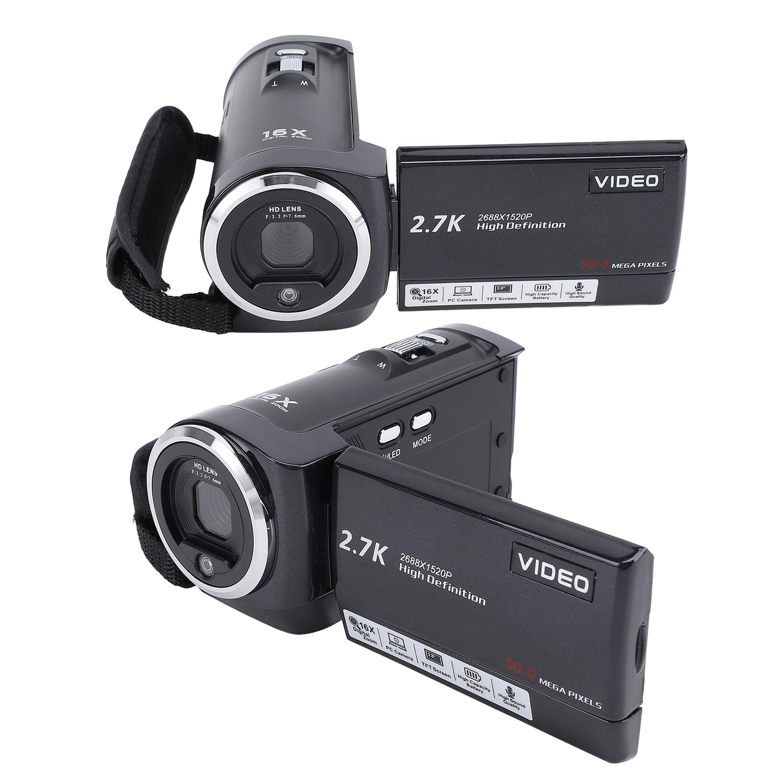 50MP 2.7K Digital Video Camera, 16X Zoom Camcorder with Rotatable Screen, 128GB Expansion, Face Detection, HDR, LED Light for Night Vision, Webcam Function, 2 Batteries,