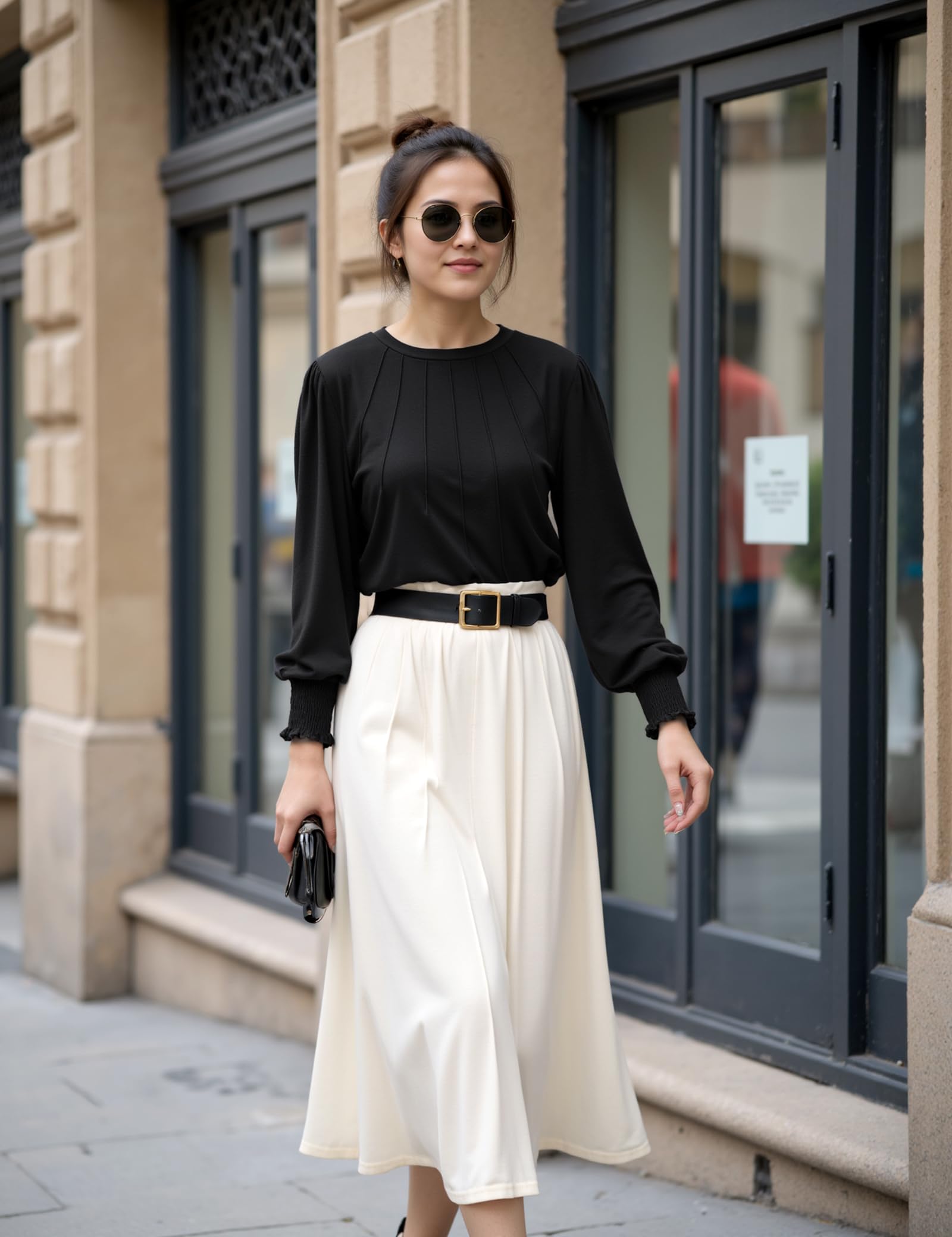 Gyabnw Maglietta Manica Lunga Donna T-Shirt Cotone Maglia Donna Elegante con Maniche a Sbuffo Girocollo Adatto per Gonne alla Moda Pantaloni Pantaloncini