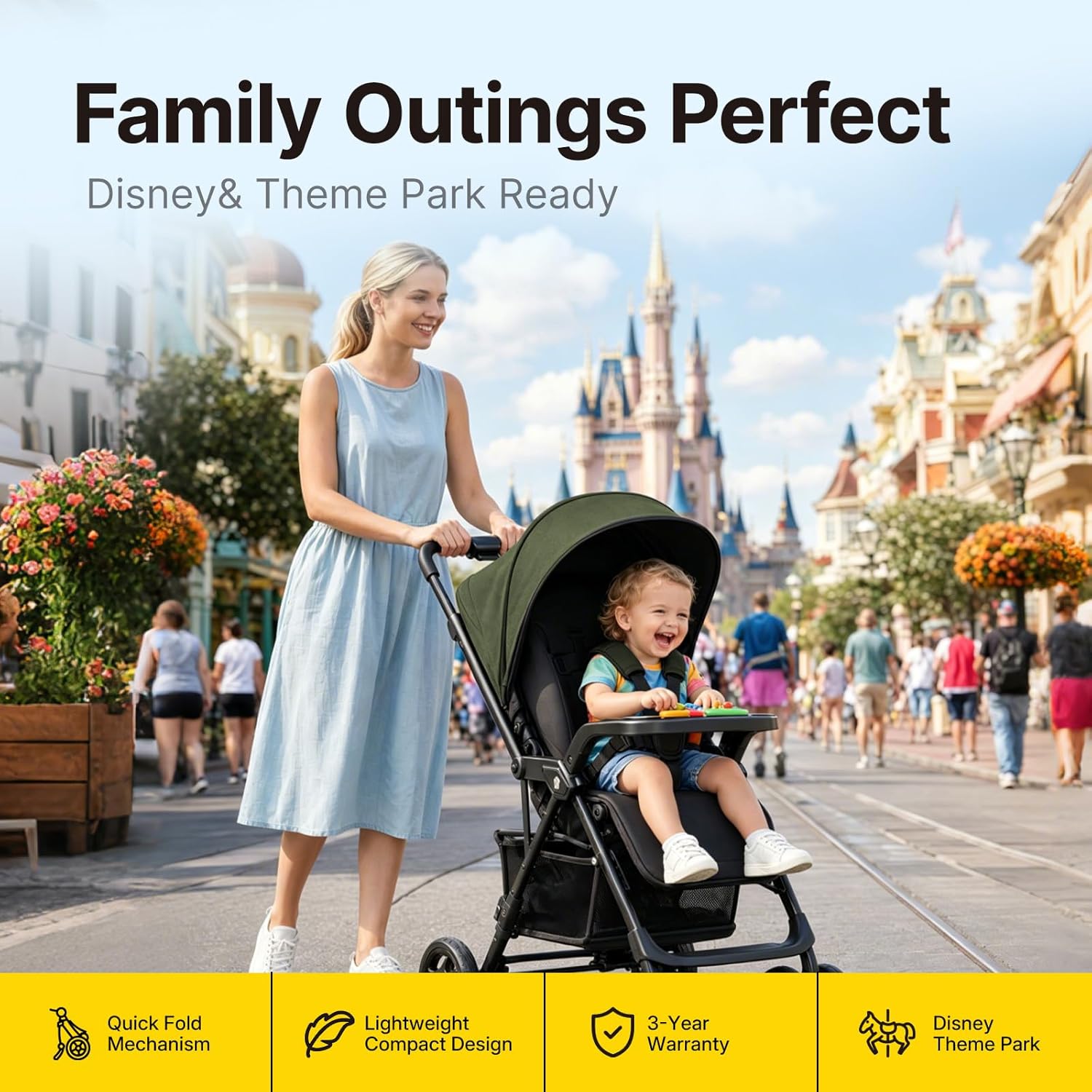 Lightweight Umbrella Stroller, Travel Stroller with Near-Flat Recline & Snack Tray, Compact Folding with One Hand, UPF50+ Sun Canopy, Theme Park Approved (Travel Bag Included)