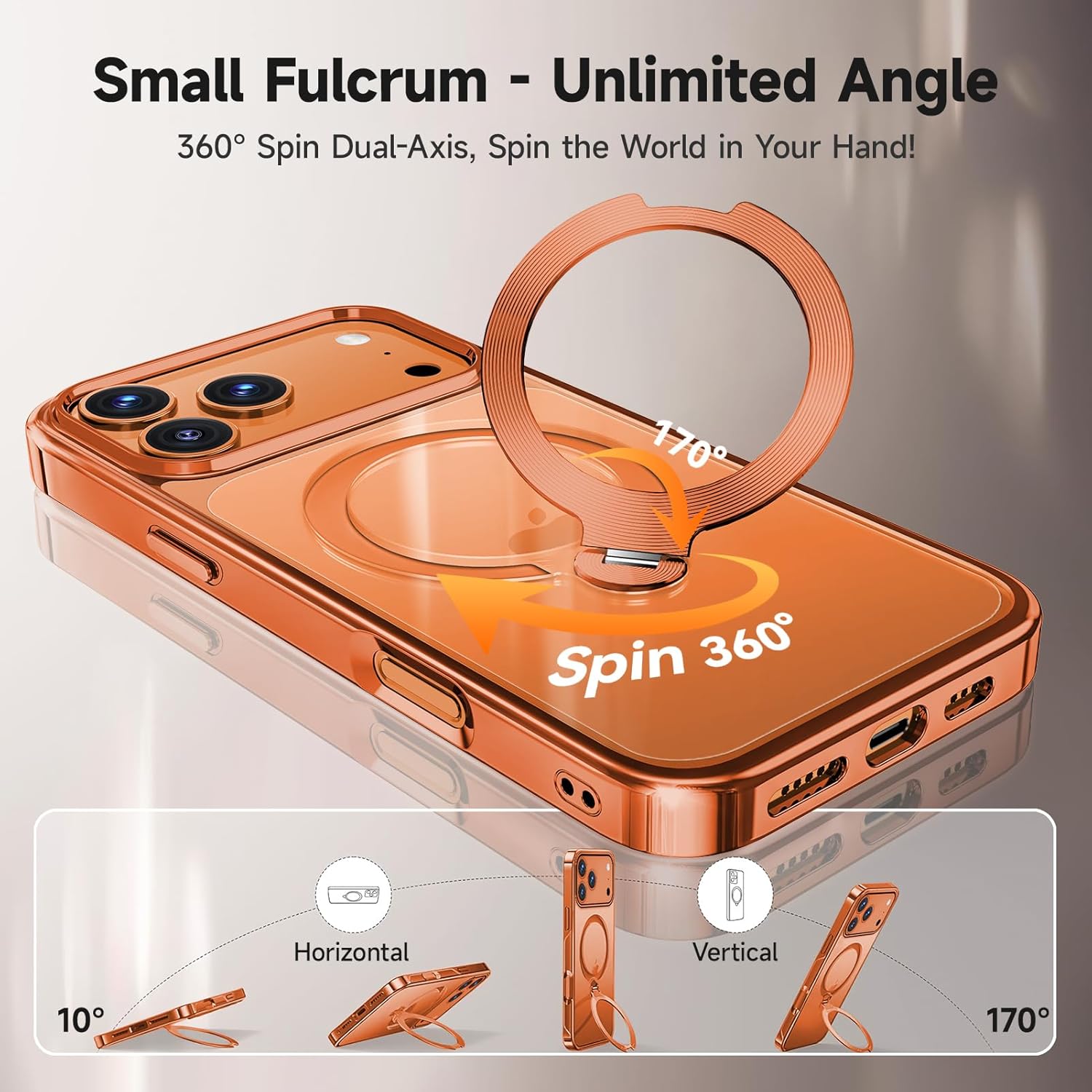 [Tri-Shield Protection] for iPhone 17 Pro Case with 360° Spin Stand Compatible with MagSafe [Magnetic CD Ring] [Screen & Camera Lens Protector] Shockproof Plating Never-Yellowing, Cosmic Orange-6.3"