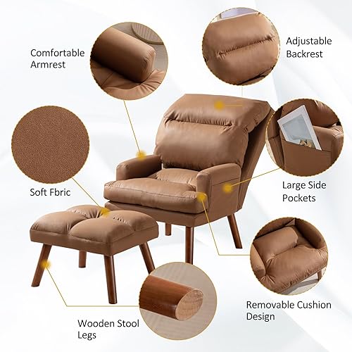 Miniatura 4 de CANMOV Modern Accent Chair with Ottoman, Soft Fabric Armchair with Adjustable Backrest and Side Pockets, Comfy Lounge Chair for Living Room,