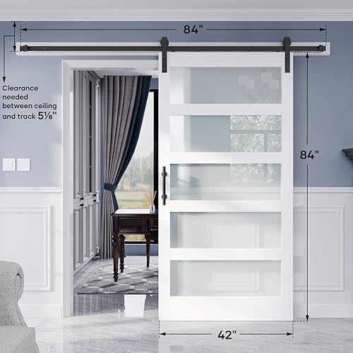 Miniatura 7 de Finosen Losa de puerta de granero de vidrio de 42 x 84 pulgadas con kit de herrajes para puerta corredera de 7 pies y asa, 5 paneles de vidrio