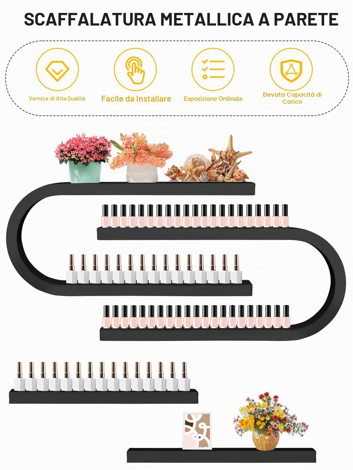U forma Scaffali Porta Smalti Unghie Montati Parete Metallo, Kalolary 6 pezzi Espositore Nero Cosmetici Espositore Mensola Parete Profumi Organizer Oli Essenziali Flaconi Smalto Unghie Spa Salone