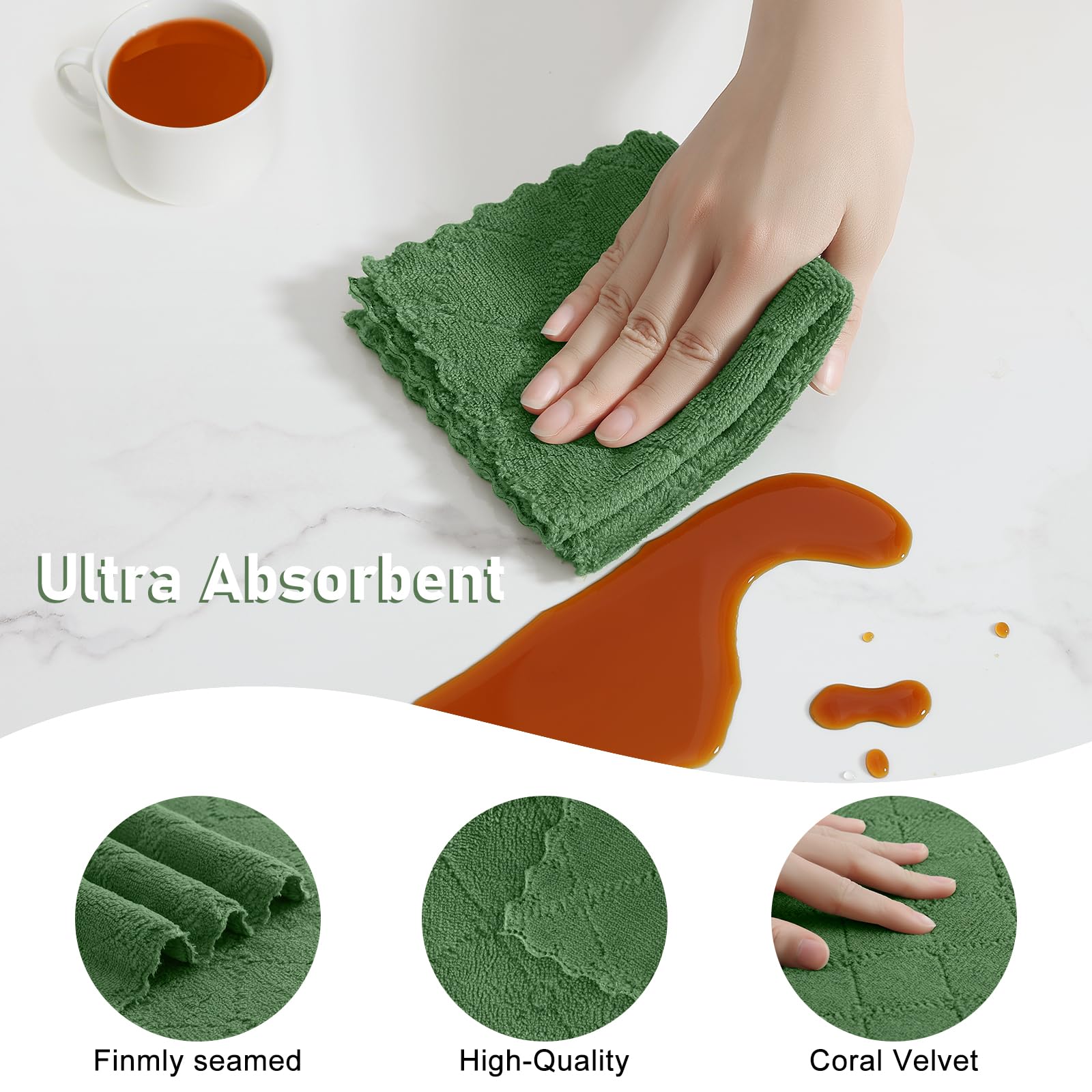 Homaxy Lot de 12 torchons de cuisine et torchons de cuisine en velours corail, 25,4 x 25,4 cm et 33 x 48,3 cm, super doux et absorbants, sans peluches et anti-adhésifs, séchage rapide, vert gazon