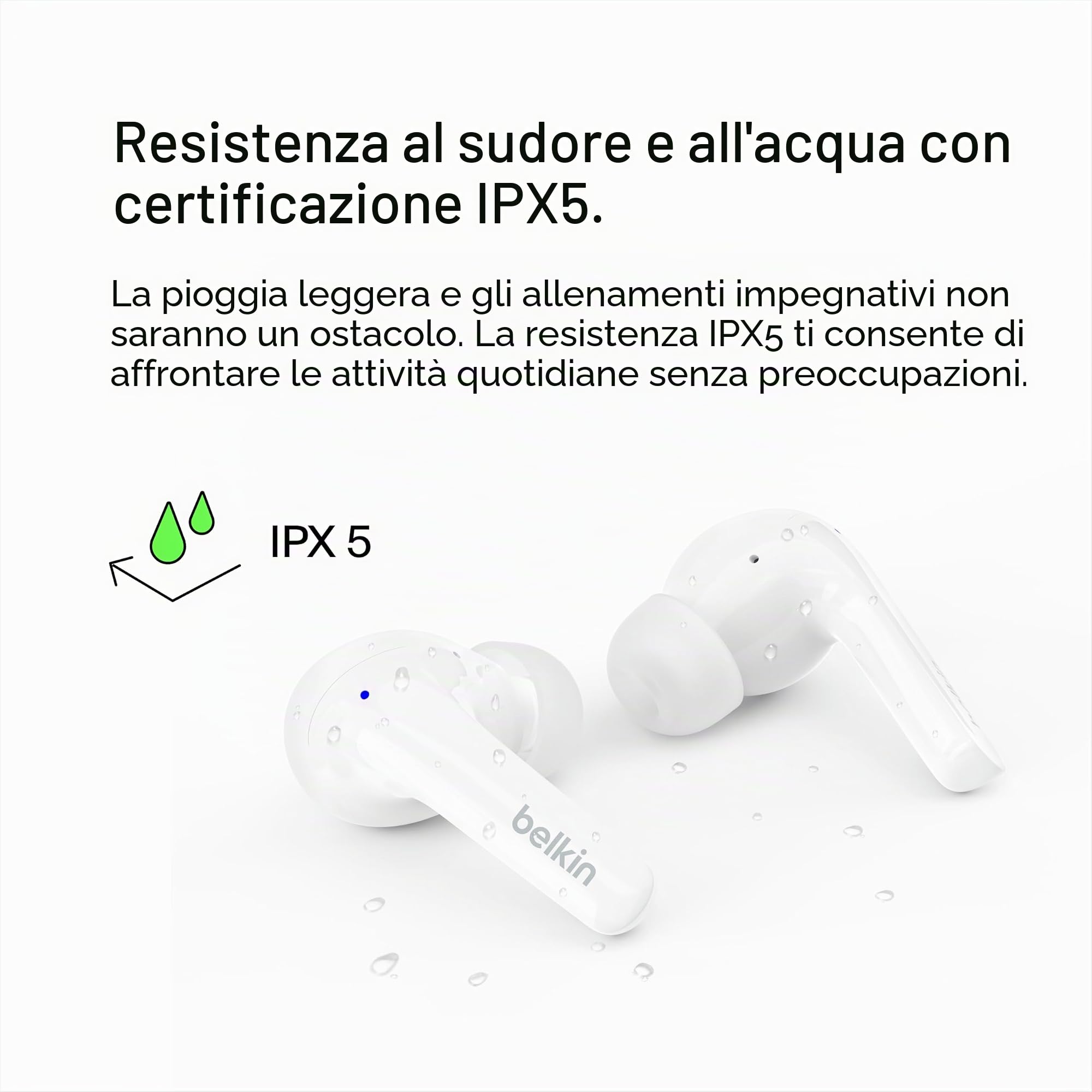 Belkin SoundForm™ Motion Auricolari true wireless con cancellazione del rumore, custodia di ricarica wireless, 2 microfoni per auricolare; cuffie Bluetooth di grado IPX5 per iPhone e Samsung - Bianco