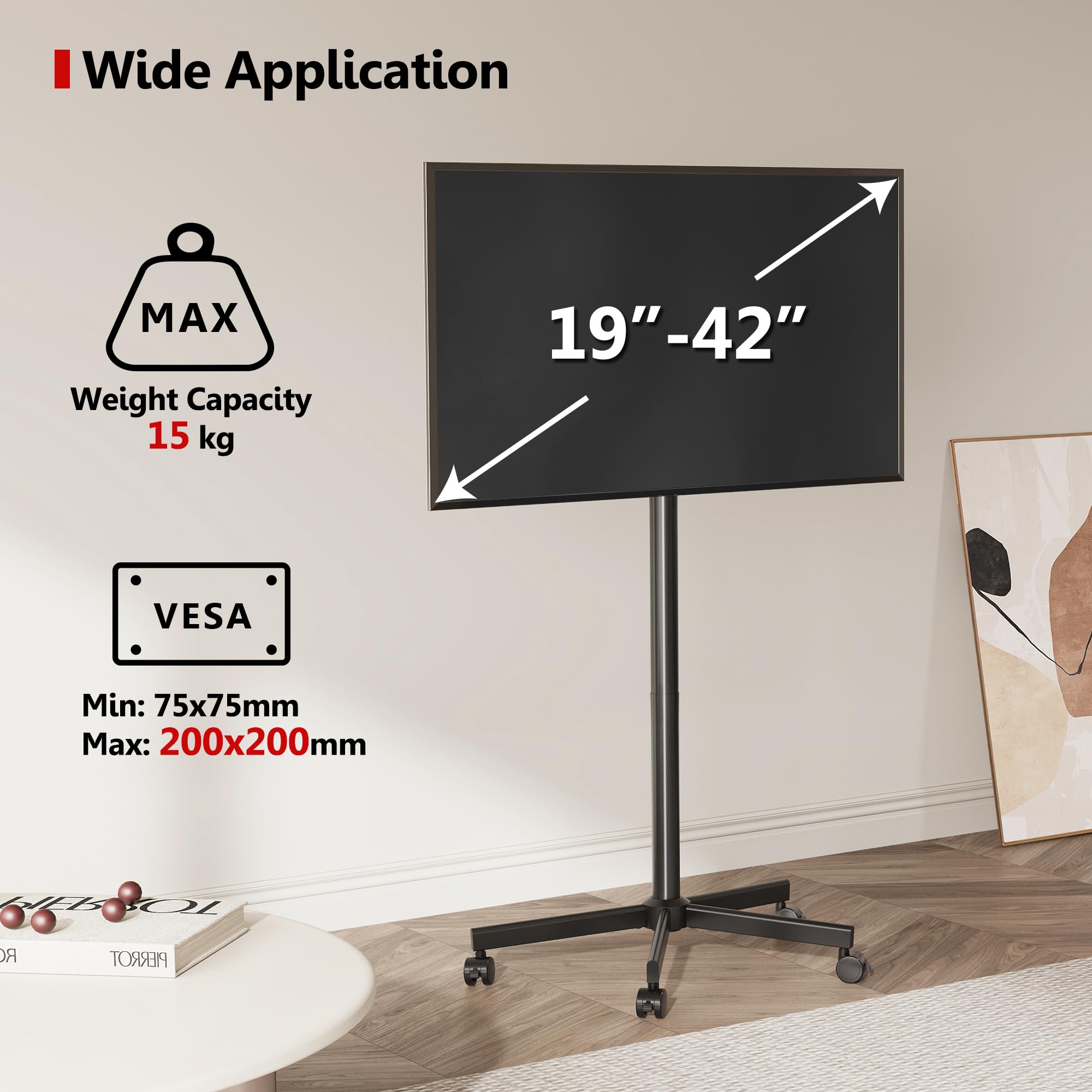 AOKCOS Supporto per TV con rotelle, per TV da 19 a 42 pollici, altezza regolabile, girevole, fino a 15 kg, max. VESA 200 x 200 mm