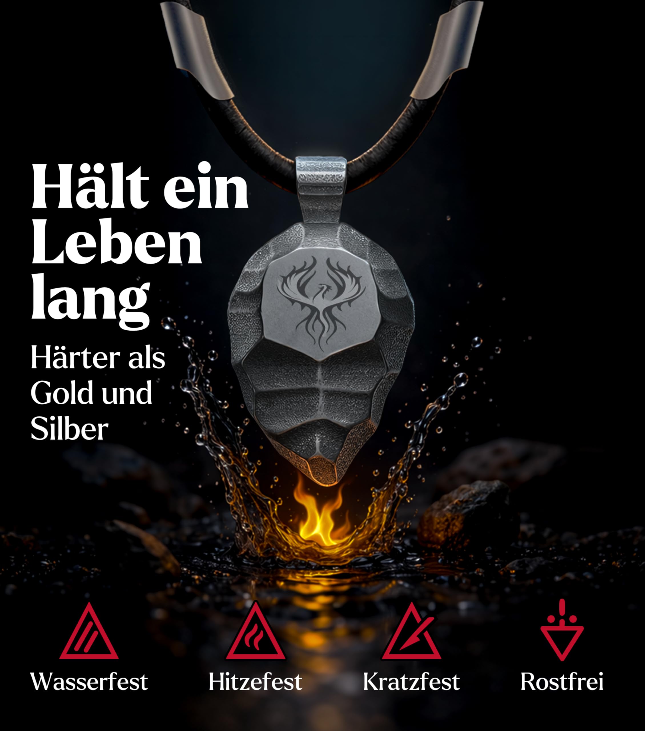 Phönix Titan-Anhänger & Unisex Halskette – Robustes Titan mit schwarzem Lederband – Phönix aus der Asche Schmuck & Talisman für Damen und Herren