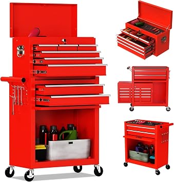 8-Drawer High Capacity Rolling Tool Chest, Removable Cabinet Storage Tool Box with Wheels and Drawers, Detachable Toolbox with Lock for Workshop Mechanics Garage 8-Drawer, Red
