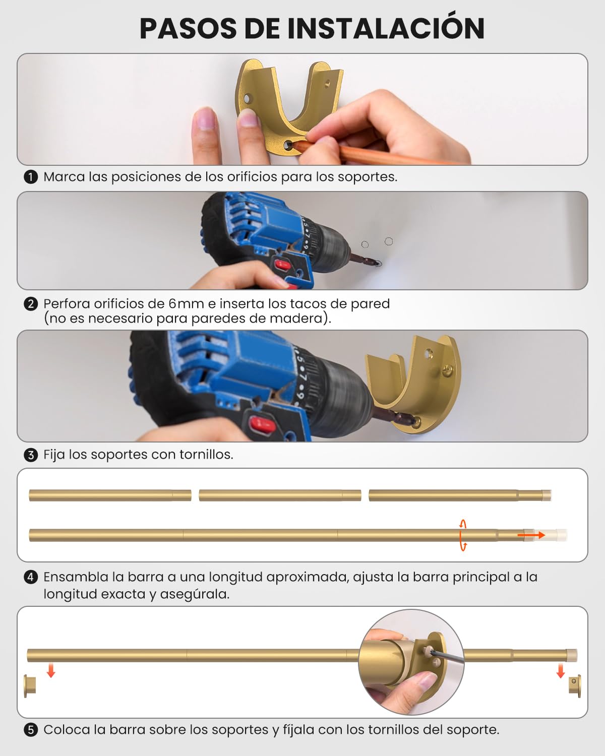 Binario per guardaroba, da 43 a 135 cm, regolabile, in metallo, per appendere vestiti, 3,3 cm, resistente, per armadio, guardaroba, lavanderia, camper, Oro