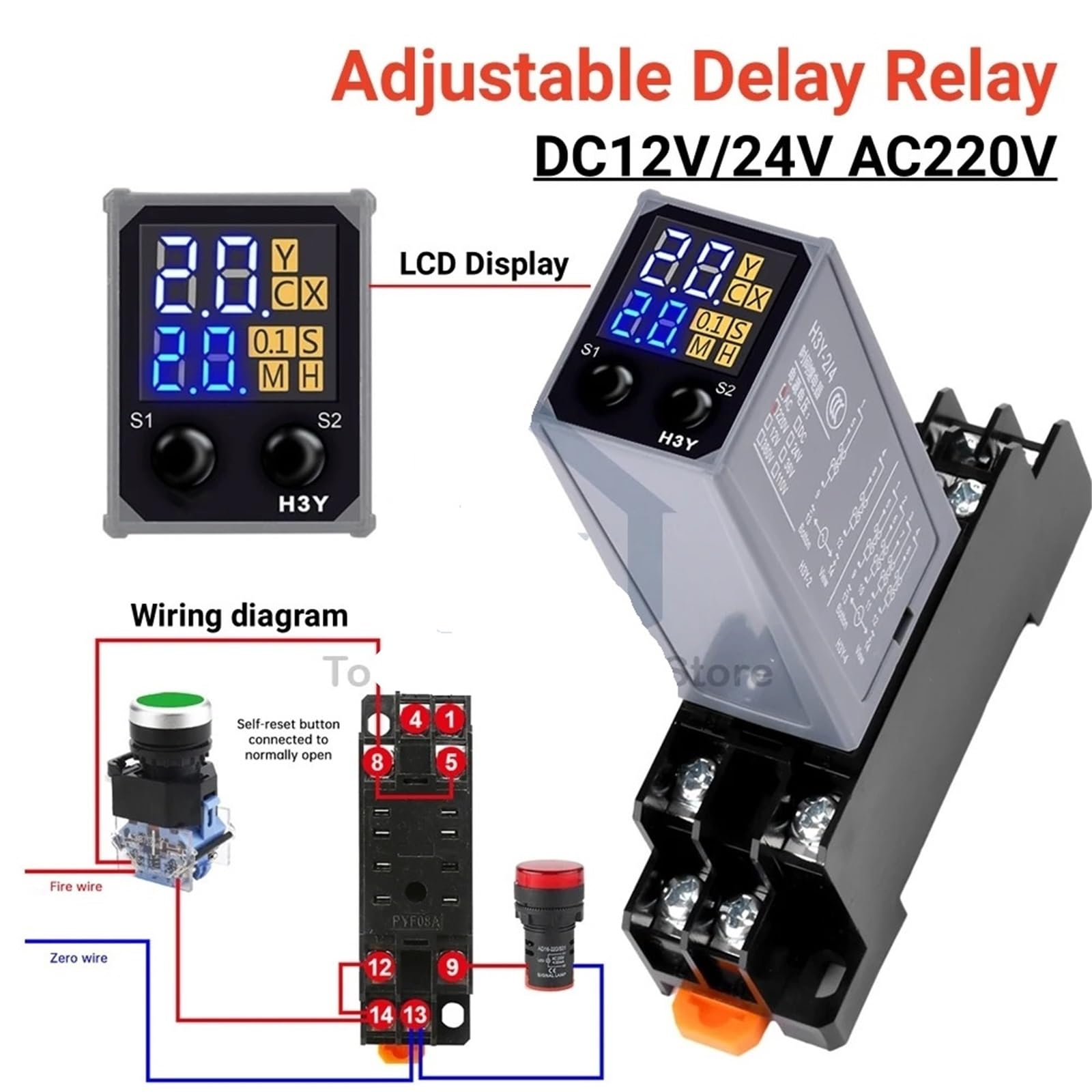 Relé de retardo con pantalla LCD, controlador de retardo de encendido, relé temporizador electrónico con base de enchufe, CC 12 V/24 V, A220 V
