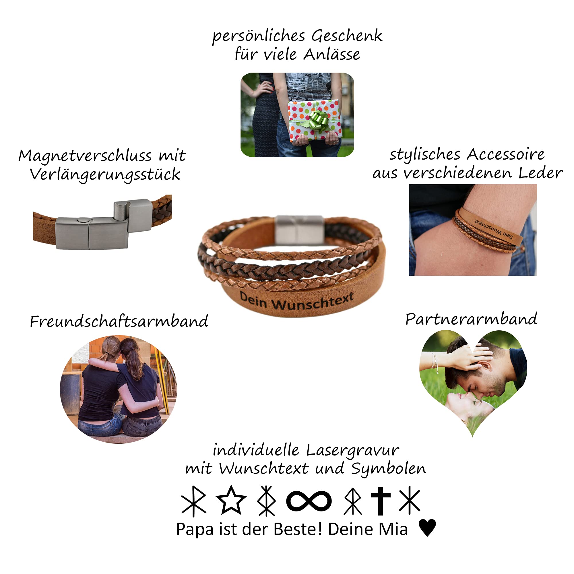 Armband mit Namen, Lederarmband Herren mit Gravur, personalisiertes Geschenk für Männer und Frauen, Echtleder cognac, Magnetverschluss Edelstahl, Freundschaftsarmband, Partnerarmband