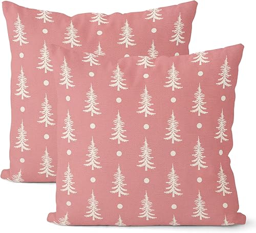 Miniatura 1 de Juego de 2 fundas de almohada de Navidad de 18 x 18 pulgadas, color rosa árbol de Navidad, fundas de almohada de lino de lino estilo campestre