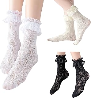 Calcetines de encaje con volantes y estampado de rosa/corazón, 3 pares, color negro, blanco y beige