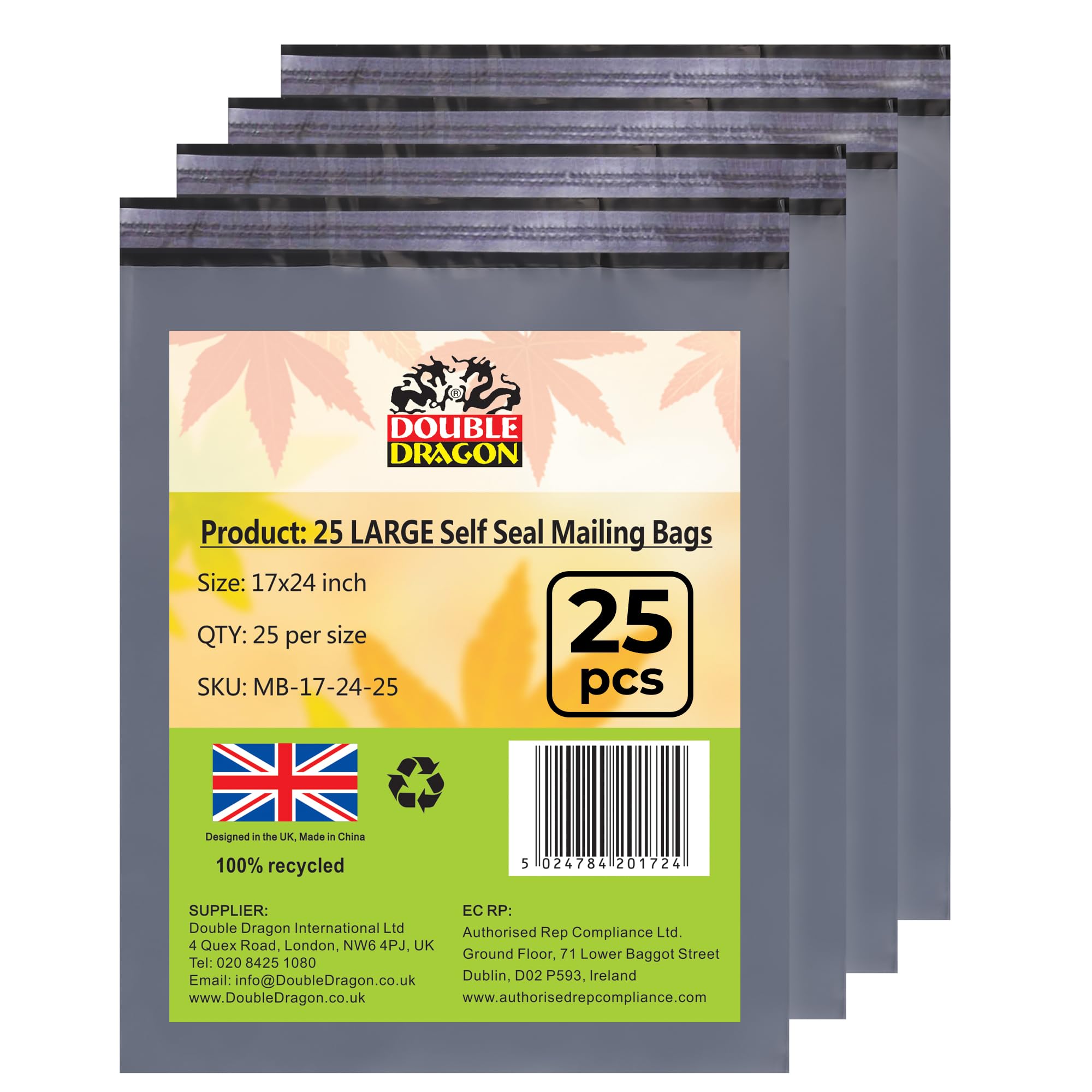 Double Dragon 25-Pack 17"x24" Self-Seal Grey Large Mailer Bags |Self-Seal Shipping Envelopes | Strong, Waterproof, Tamper-Proof Polythene Packaging for Clothes, Bedding & Parcels (Also for Storage)